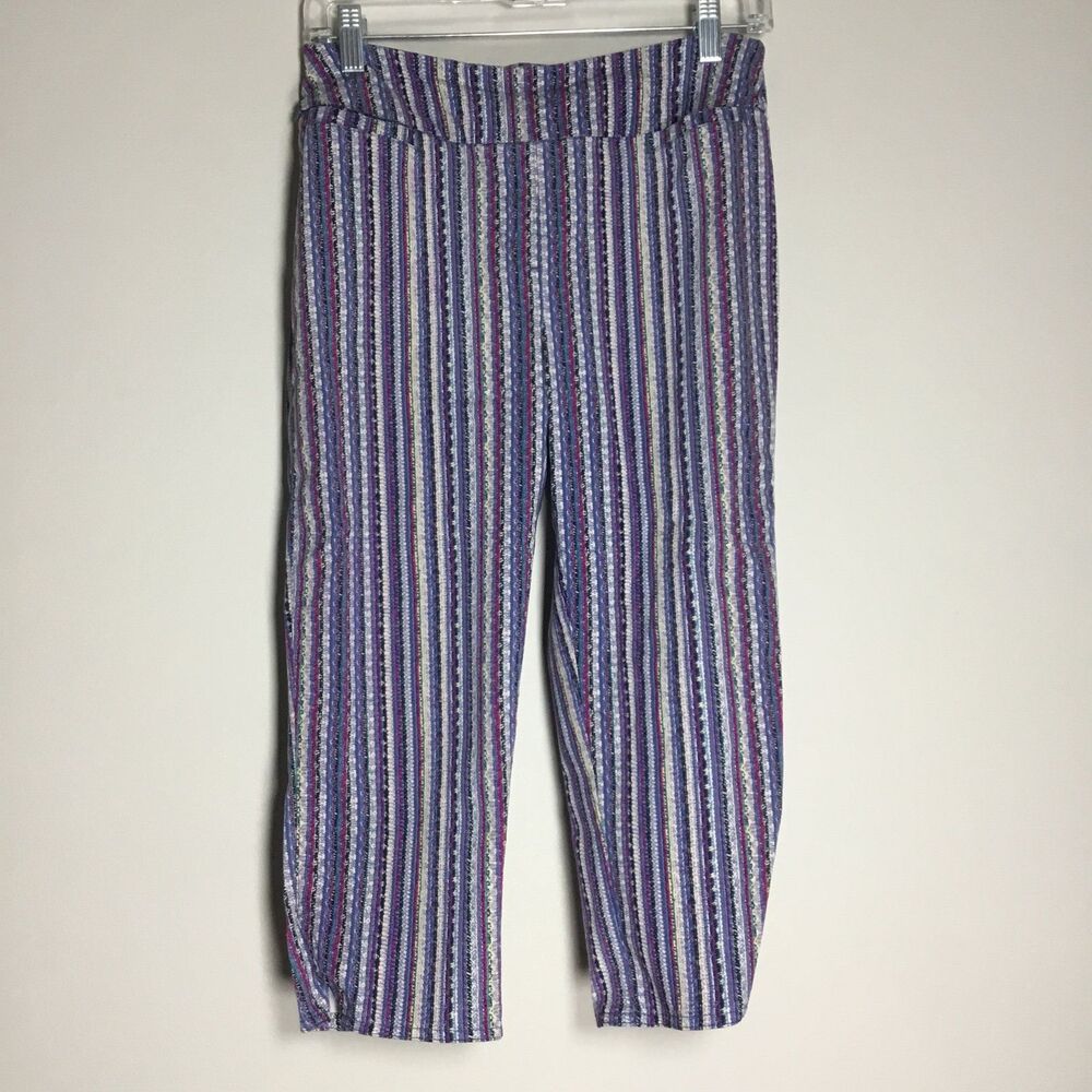 Stretchy pull on cropped pants purple pink black stripes waist 30"-34" 10P